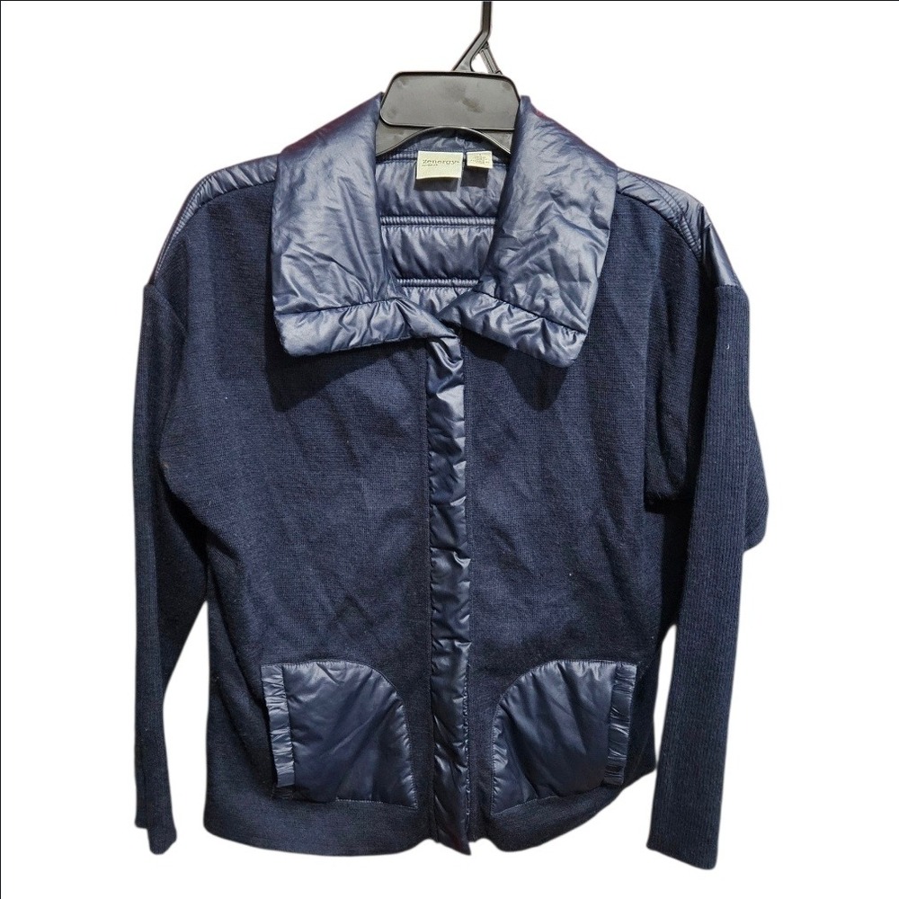 Chicos Zenergy Blue Mixed Media Quilted Knit Jacket Wool Blend Size 1 / Medium